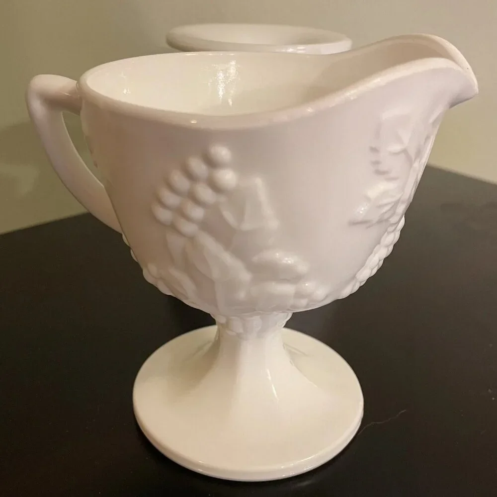 Indiana Milk Glass Colony Harvest Grape Pattern Creamer and Sugar Bowl Set  VTG